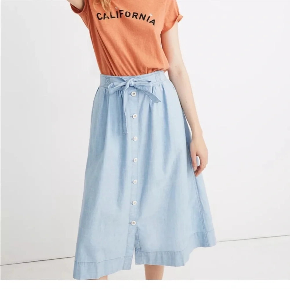 Madewell Tie Palisade High Waist Button Down Chambray MIDI Skirt